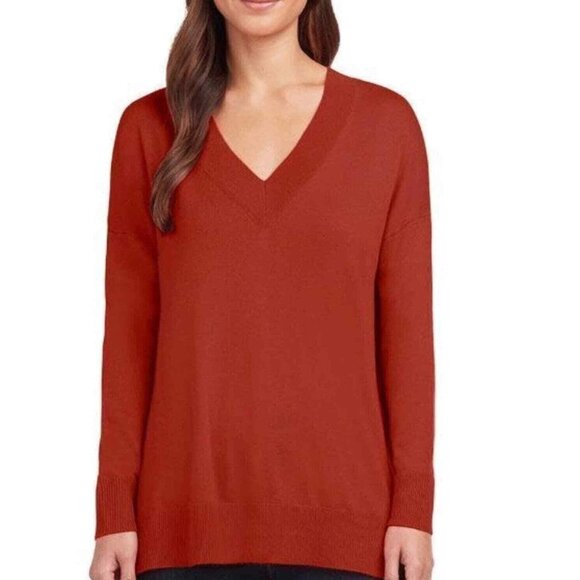 Matty M Women's V-Neck Pullover Sweater With Side Slits , Brick, L - Picture 2 of 4